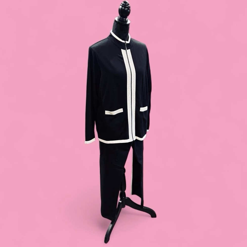 Regalia 2 Piece Pant Set L Black White Pearl Zip Jacket Lounge Suit Resort Chic